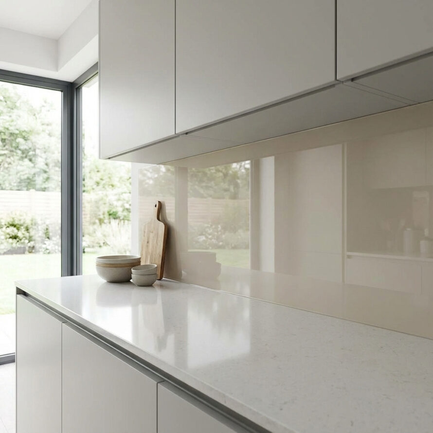 Strakke keuken met taupekleurige kasten, witte werkblad en plexiglas spatwand.