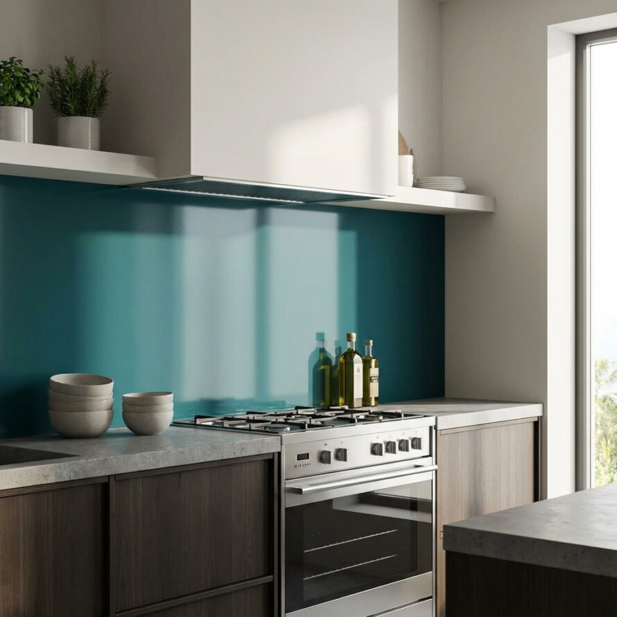 Strakke hoekkeuken met witte kasten, ingebouwde oven en glanzende grijze plexiglas spatwand.