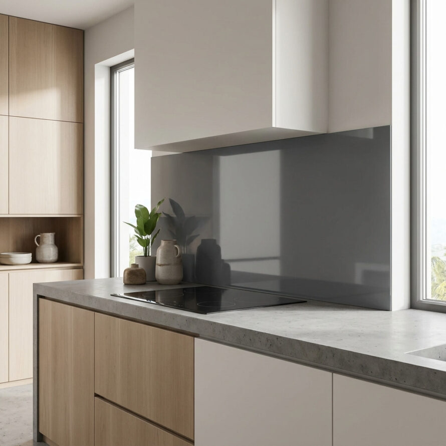 Moderne keuken met houten onderkasten, gasfornuis en turquoise plexiglas spatwand.