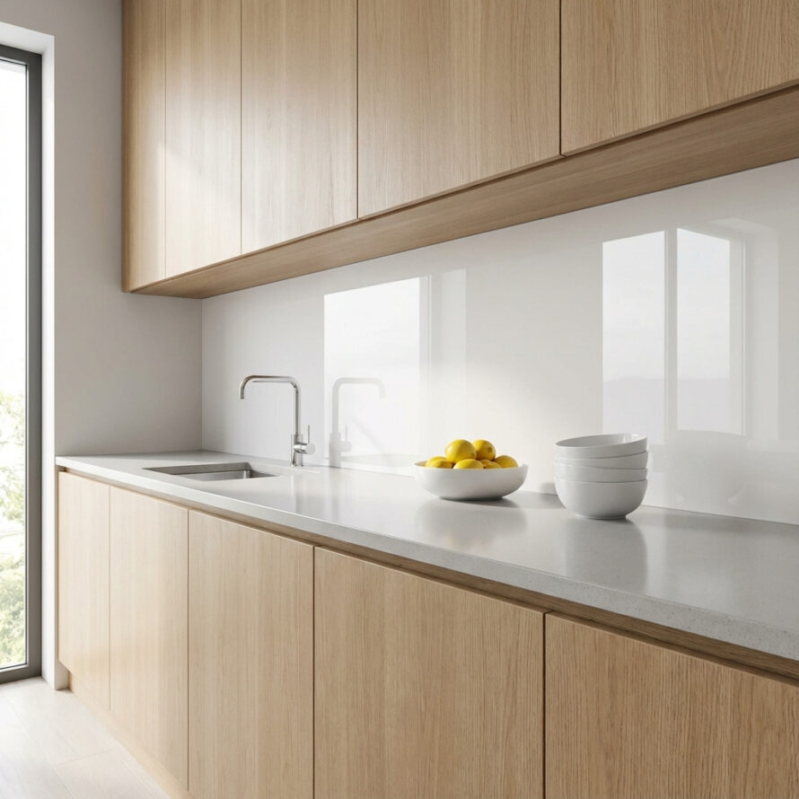 Houten keuken met blauwe plexiglas spatwand en witte spoelbak bij daglicht.