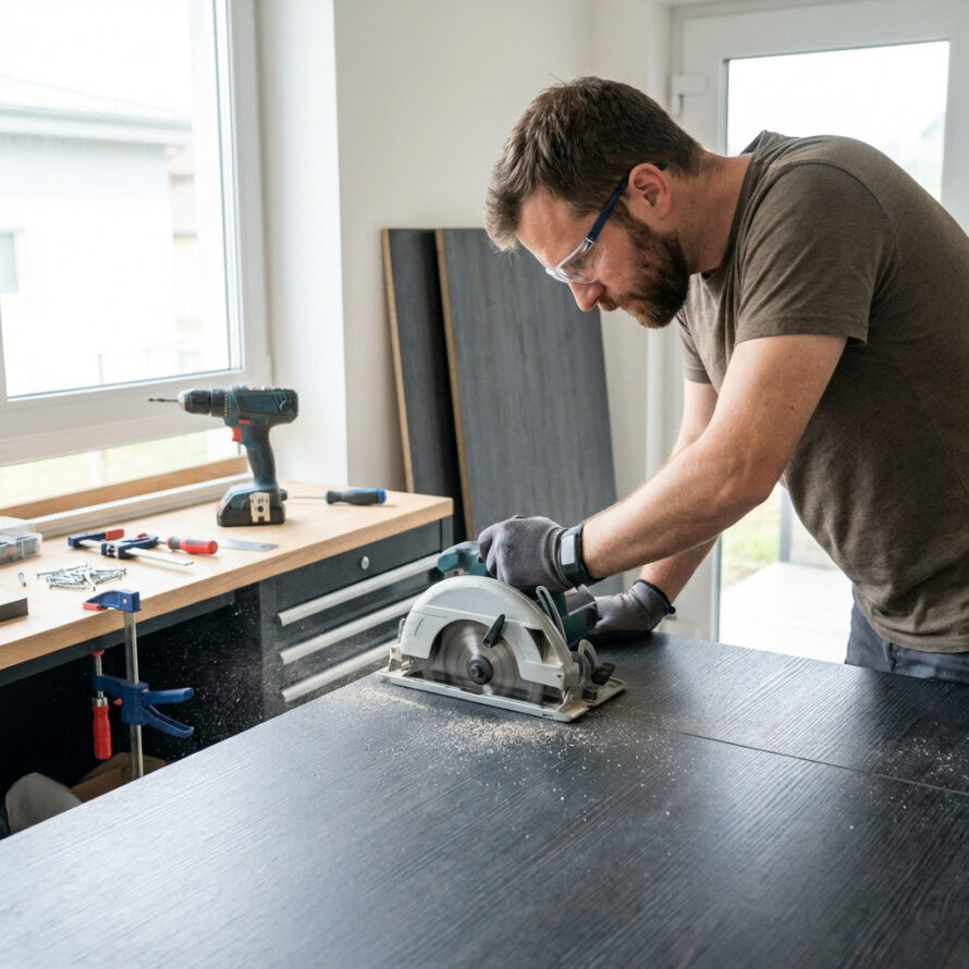 Man zaagt een zwarte compacte plaat op maat met een cirkelzaag in een lichte werkruimte, met gereedschap op de werkbank.