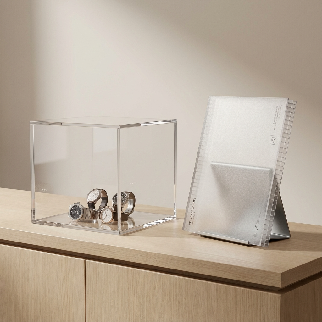 Transparante plexiglas box met horloges op een houten kast, naast een schuine plexiglas documenthouder.