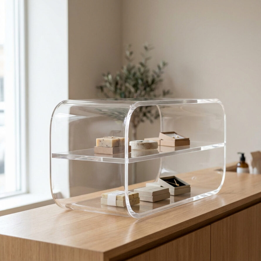Transparante plexiglas displaybox op toonbank, ideaal voor productpresentaties.