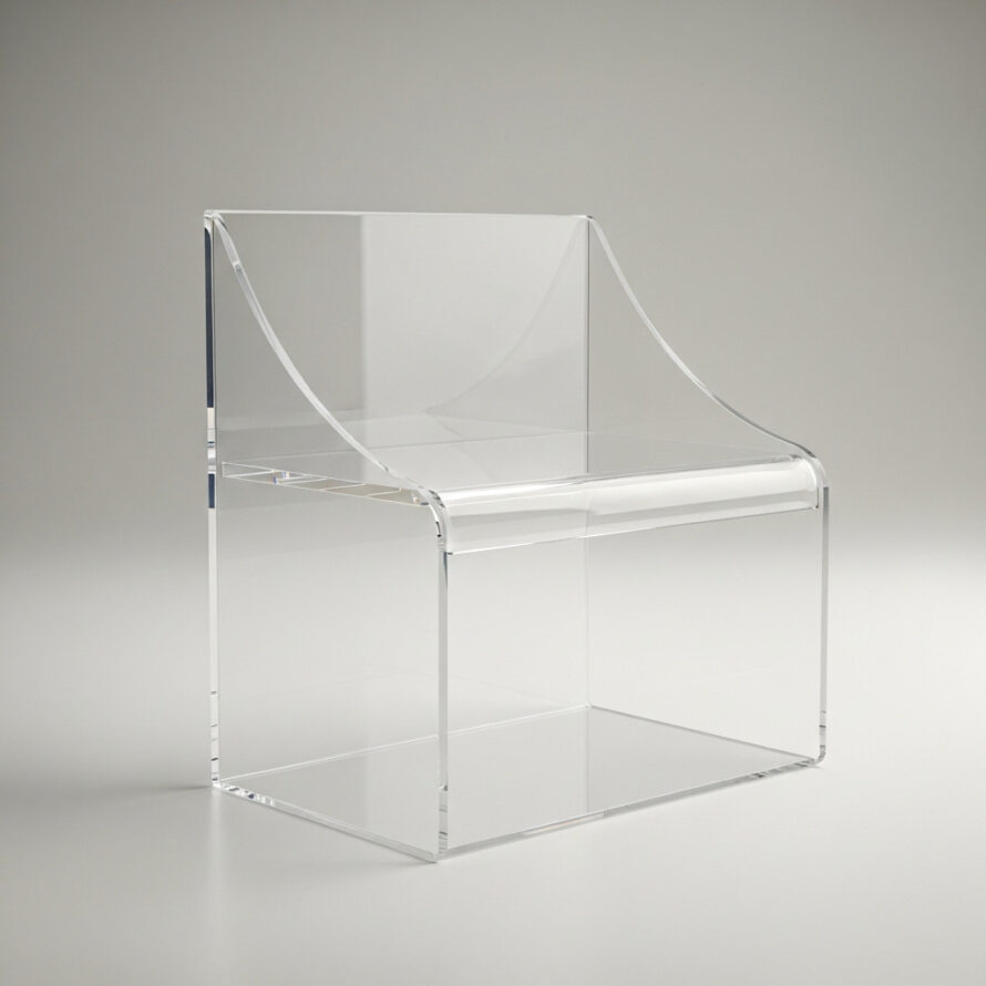 Helder plexiglas display op balie, transparant acryl met afgeronde hoeken.