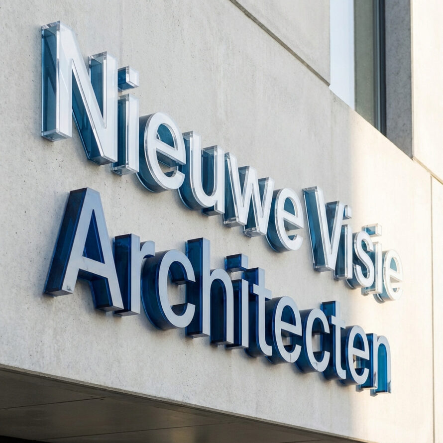 3D letters van kunststof gemonteerd op een moderne gevel