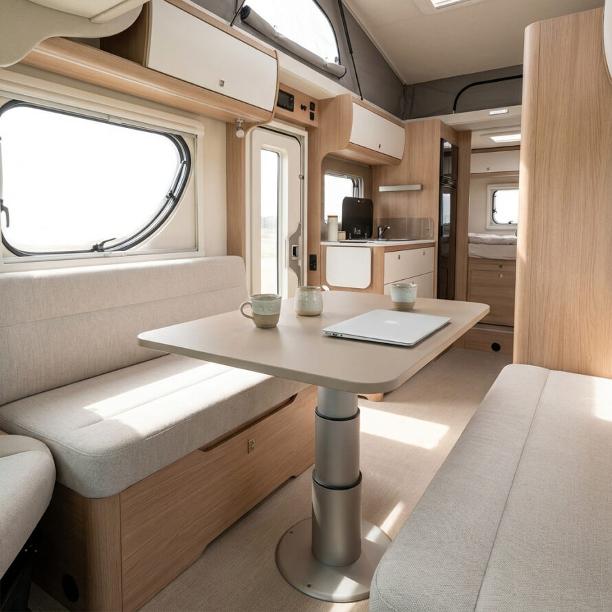 Camper interieur met vast tafelblad van kunststof tussen twee zitbanken.