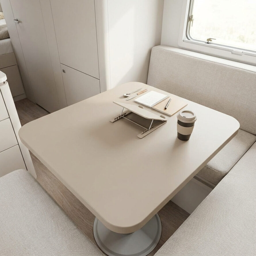 Uitschuifbaar camper tafelblad van kunststof, ruimtebesparend ontwerp met zitbank in de camper.