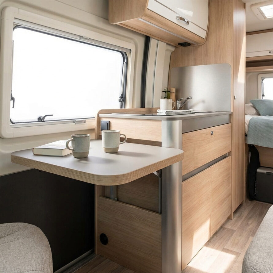 Kunststof tafelblad in de keuken van een camper, praktisch werkblad voor koken en dagelijks gebruik.