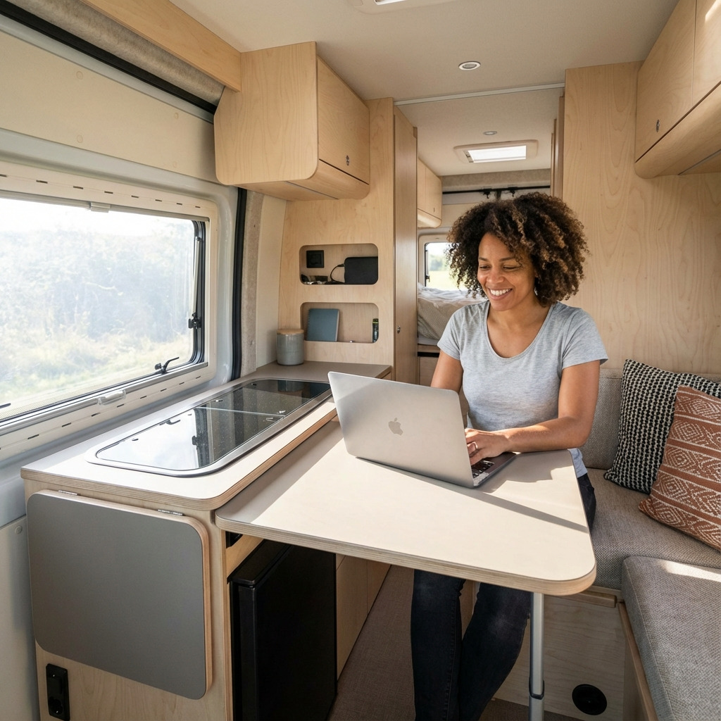 Persoon werkt aan een laptop aan een compact camper tafelblad van kunststof in een moderne camper.