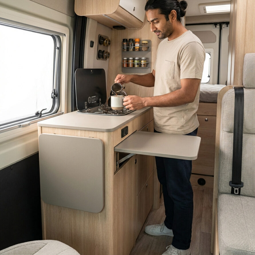 Compact camper tafelblad van kunststof naast keukenblok, geschikt voor eten en werken.