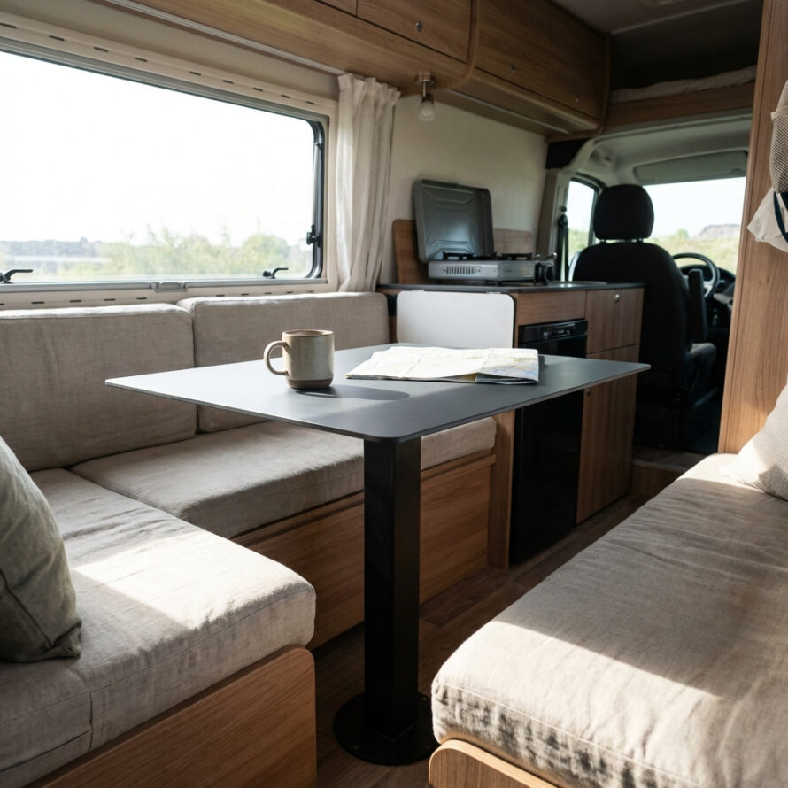 Camperinterieur met zitbanken en ultradun tafelblad op slank onderstel, gebruikt als werk- en eettafel.