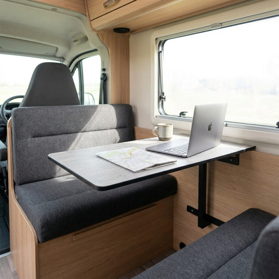 Camperinterieur met zitbank en ultradun tafelblad op slank onderstel, ingericht als compacte werkplek met laptop.