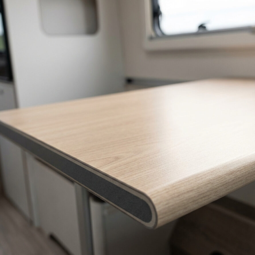 Uitschuifbaar camper tafelblad van kunststof met zitplaatsen en opbergruimte eronder.