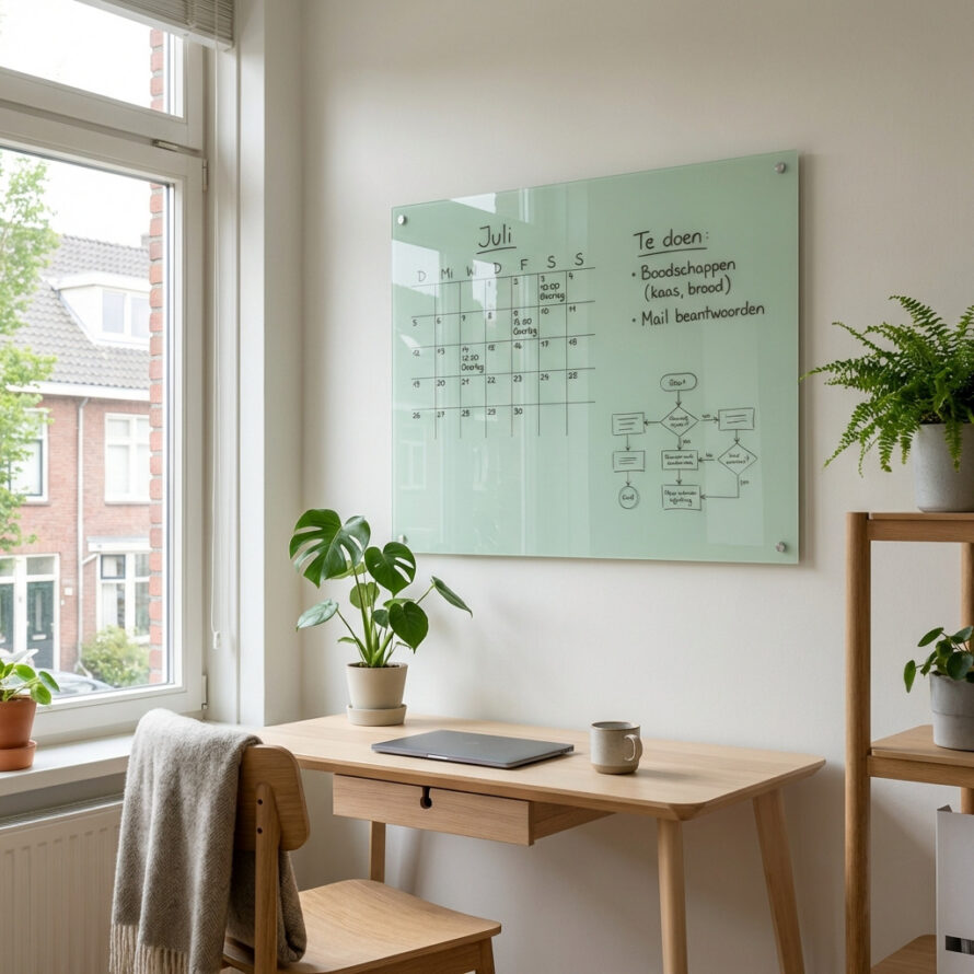 Transparant plexiglas whiteboard aan de muur in een lichte woonruimte, met subtiele notities en daglicht.