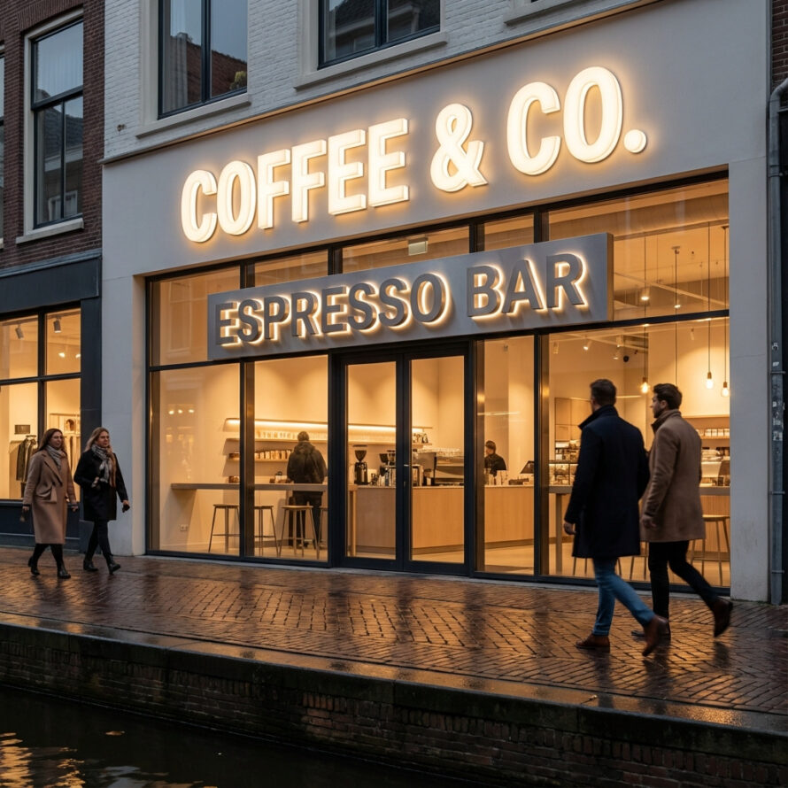 Moderne gevelreclame met verlichte letters op een strak kantoorpand aan een Nederlandse gracht in de avond.