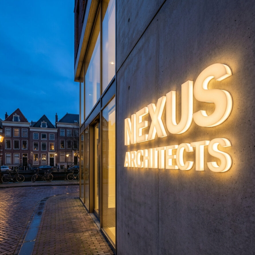 Lichtbak met bedrijfsnaam geïntegreerd in een eigentijdse gevel van hout en aluminium.