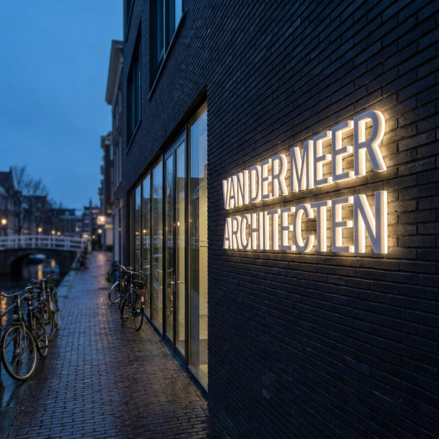 Design studio met verlichte gevelbelettering en moderne entree in stedelijke winkelstraat.