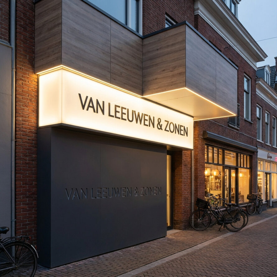 Ambachtelijke winkel met moderne gevelbekleding en helder verlichte naam boven de entree.