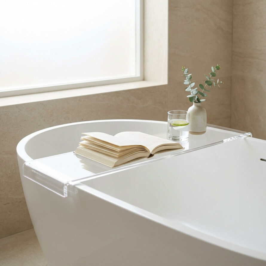 Strakke badplank van kunststof op ovaal vrijstaand bad met boek en decoratief vaasje.