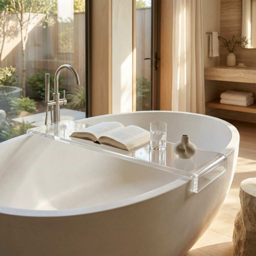 Transparante kunststof badplank op ligbad met open boek en glas water in lichte badkamer.
