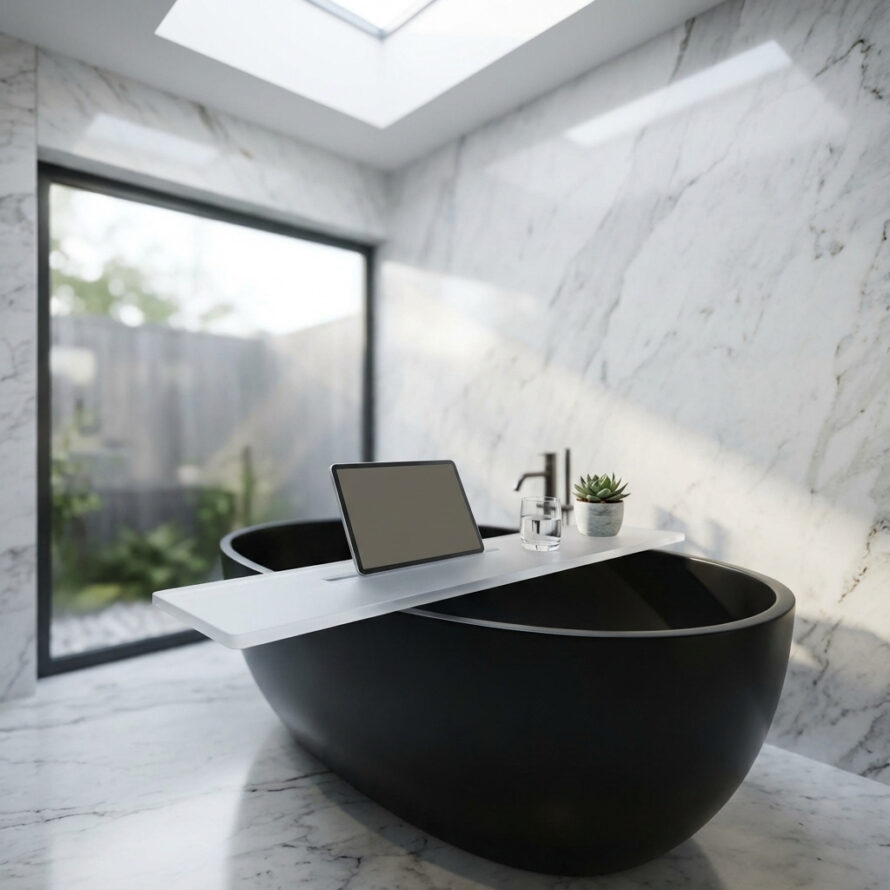 Moderne zwarte vrijstaande badkuip met witte kunststof badplank en tablet in luxe badkamer.