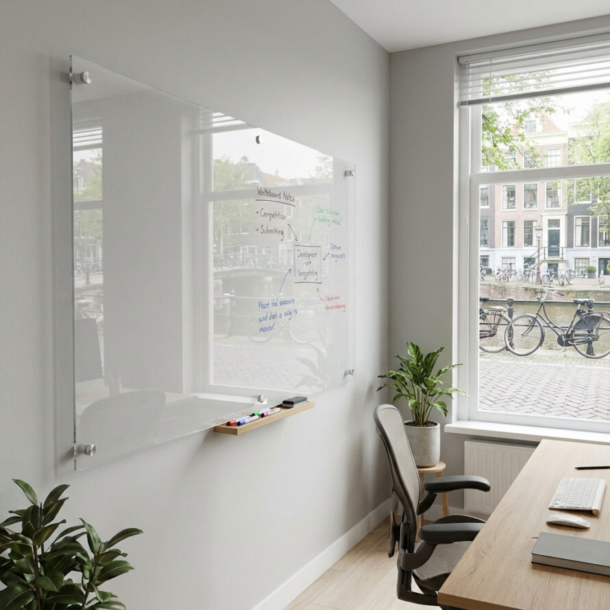 Plexiglas whiteboard aan de muur in een modern kantoor met handgeschreven notities.