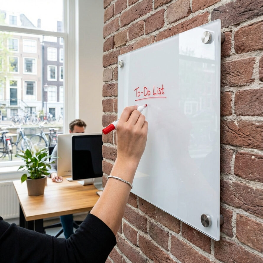 Transparant plexiglas whiteboard in een lichte werkruimte met uitzicht op een Nederlandse gracht.