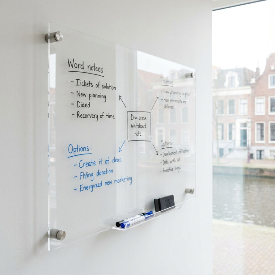 Wit plexiglas whiteboard in huis met boodschappenlijst en persoonlijke notities.