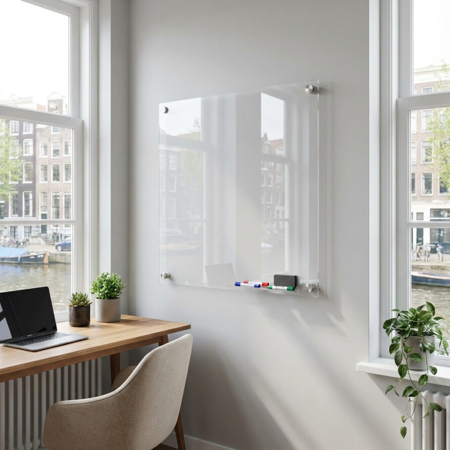 Plexiglas whiteboard boven een houten bureau in een modern thuiskantoor.