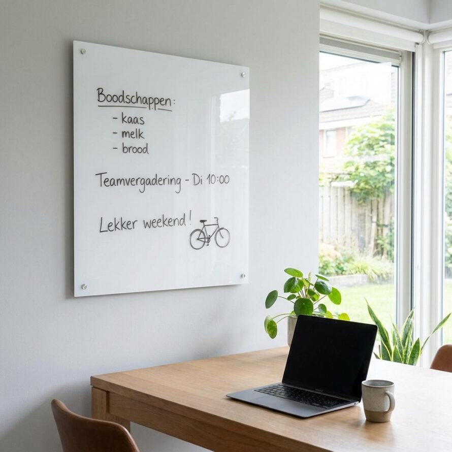 Plexiglas whiteboard in de keuken met to-do lijst, beschreven met whiteboardmarker.