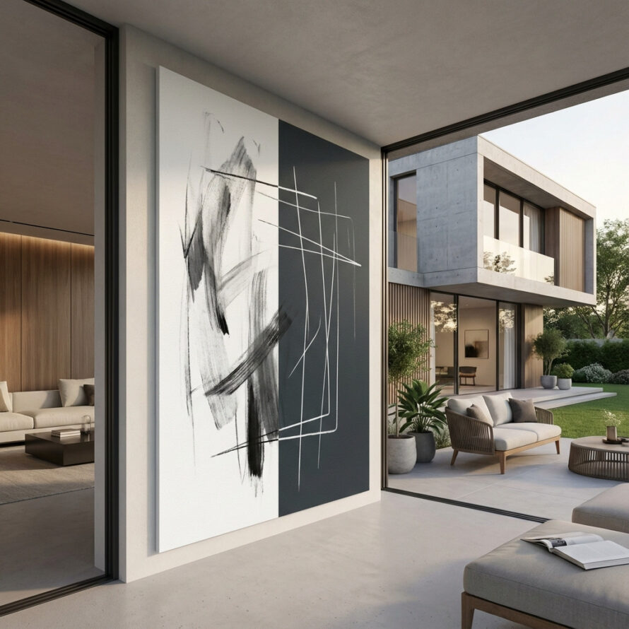 Minimalistisch zwart-wit schilderij op HPL plaat in een modern interieur met grote raampartijen en strakke architectuur.