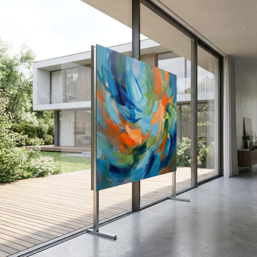 Vrijstaand abstract kunstwerk op HPL plaat in een moderne woonkamer met uitzicht op de tuin.