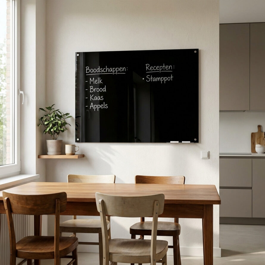 Zwart plexiglas whiteboard aan de muur in een Nederlandse eetkamer, gebruikt voor planning en notities.