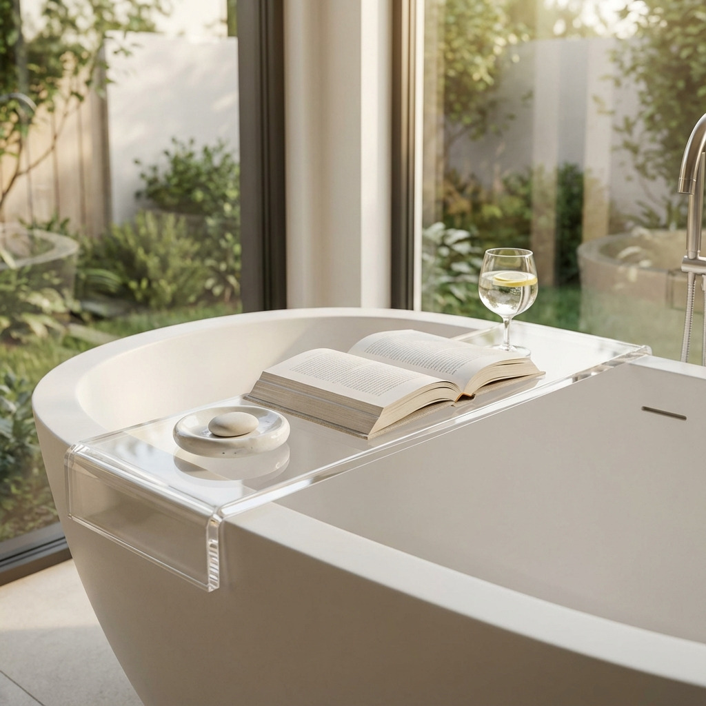 Witte kunststof badplank over vrijstaand bad met boek en waterglas, geplaatst bij raam met tuinzicht.
