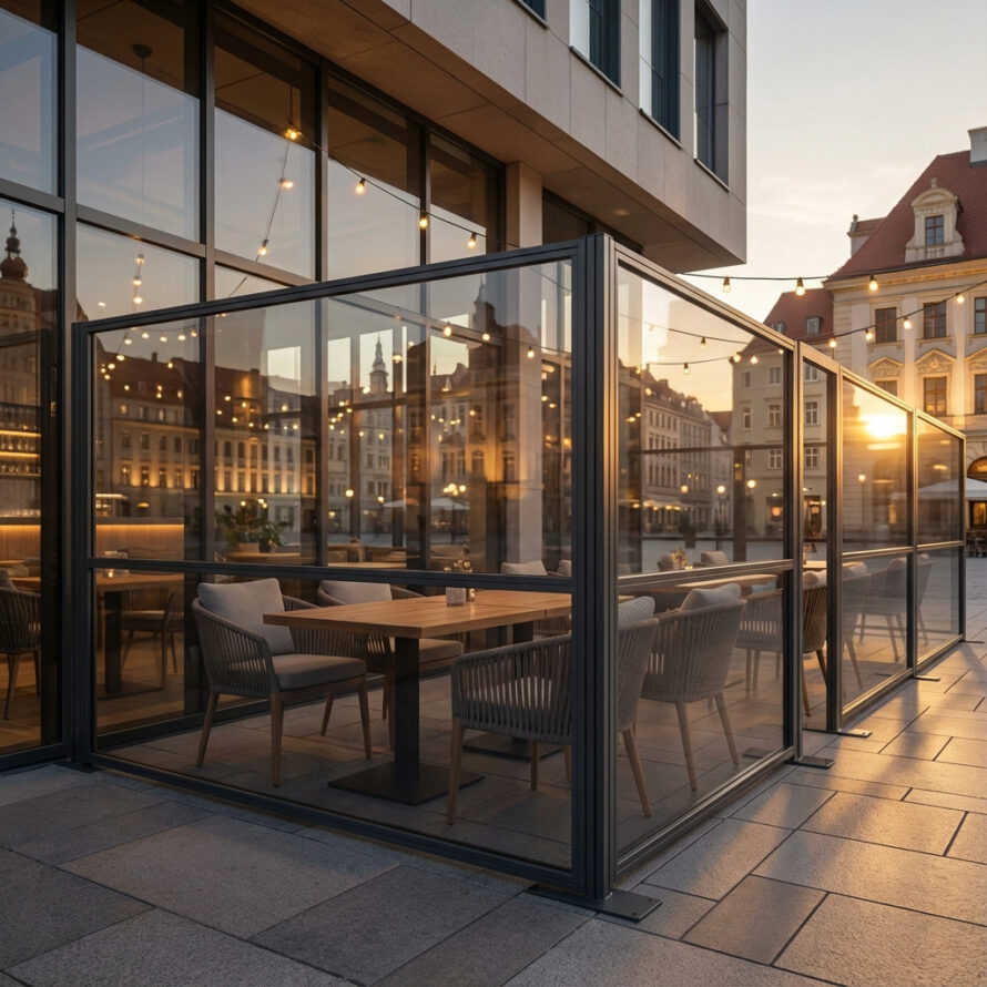 Kunststof windscherm van UV-bestendig plexiglas langs terras aan het water