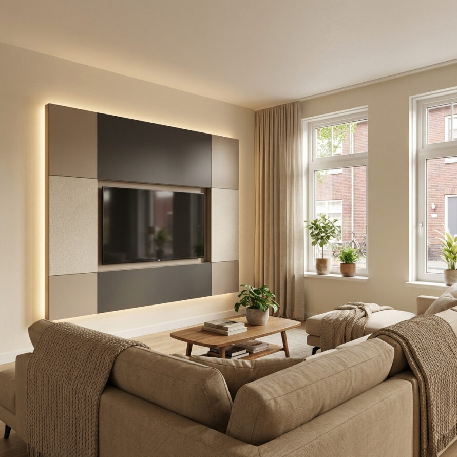 Eigentijdse cinewall in een woonkamer met zachte kleuren, strakke lijnen en een rustige uitstraling.
