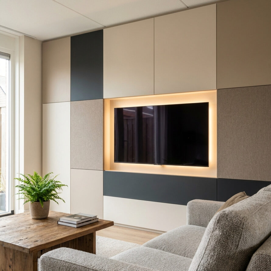 Cinewall van kunststof met ingebouwde tv, uitgevoerd in beige en grijstinten met een minimalistisch design.