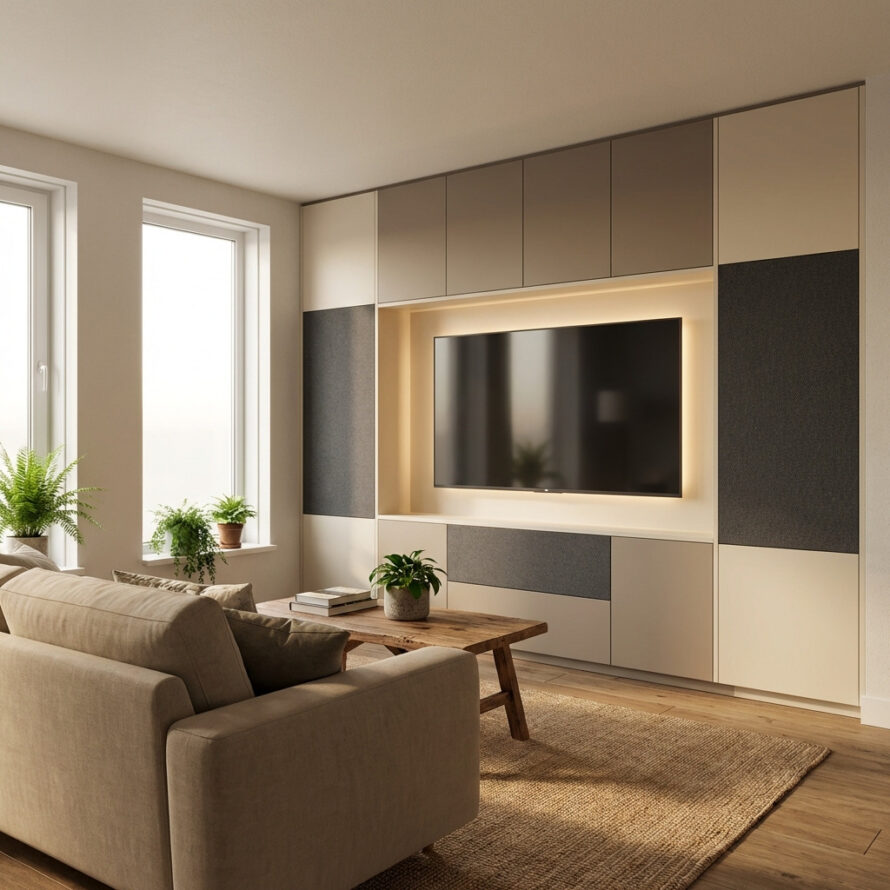 Moderne cinewall in een lichte Nederlandse woonkamer met ingebouwde tv en neutrale kunststof wandpanelen.