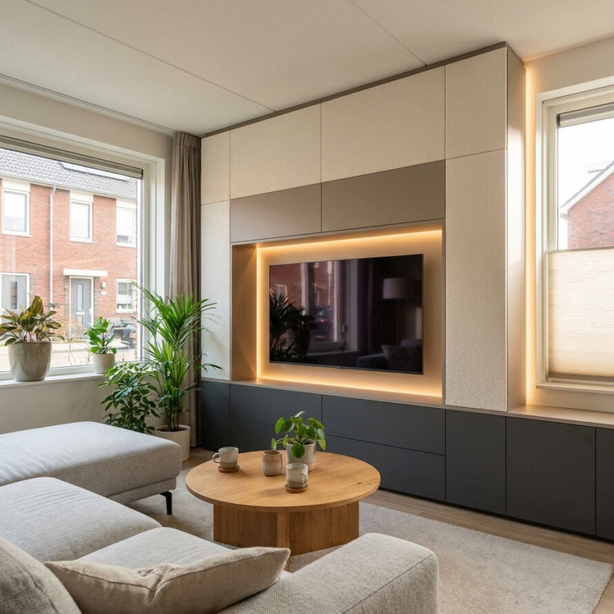 Moderne cinewall met tv-nis en indirecte LED-verlichting, gecombineerd met een rustige zithoek.