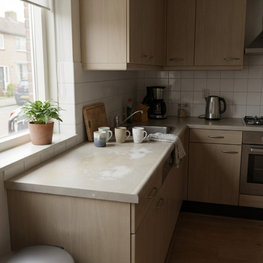 Overzicht van een nette, moderne keuken met schoon werkblad, planten en keukenspullen.