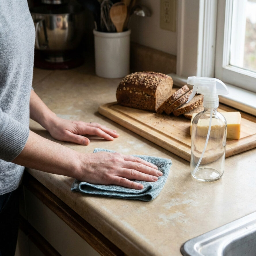 Persoon poetst een keukenblad bij het raam met een doek; op het aanrecht ligt een brood op een houten plank.