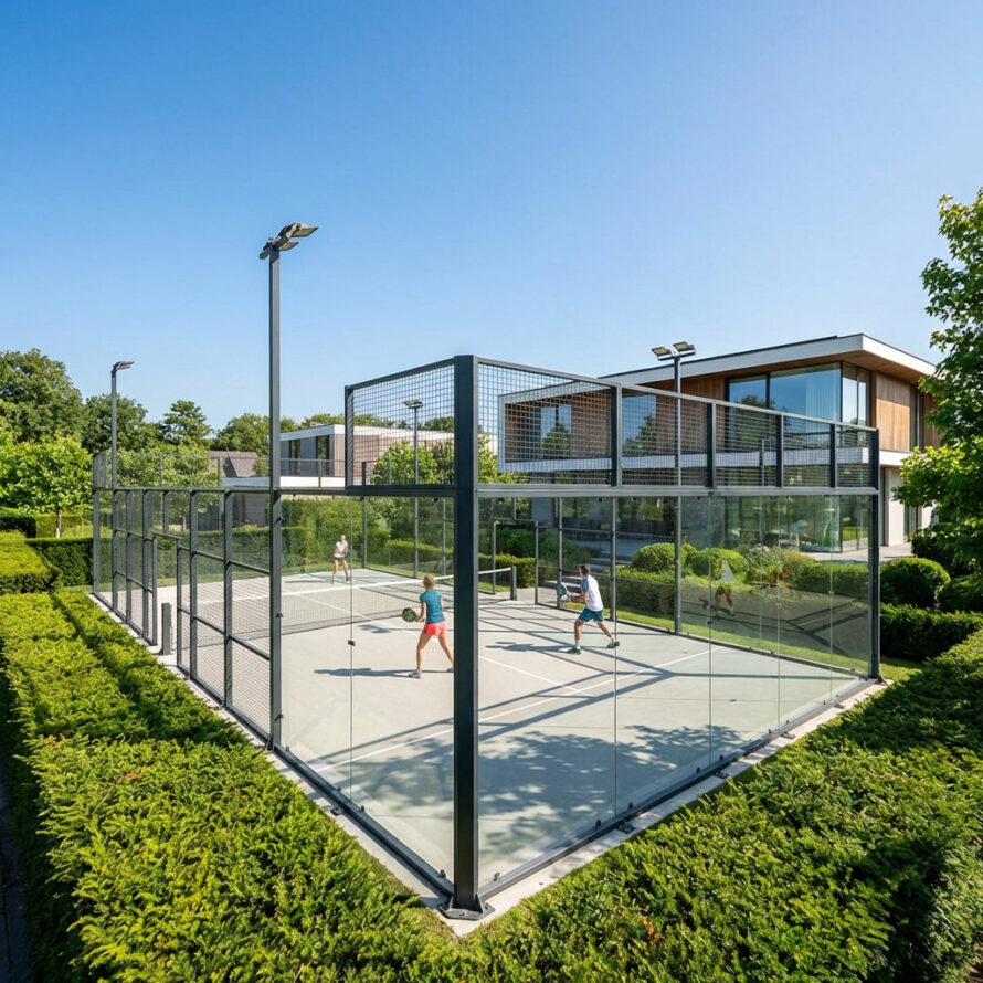 Buiten padelbaan met polycarbonaat omheining bij moderne woning en strak aangelegde tuin