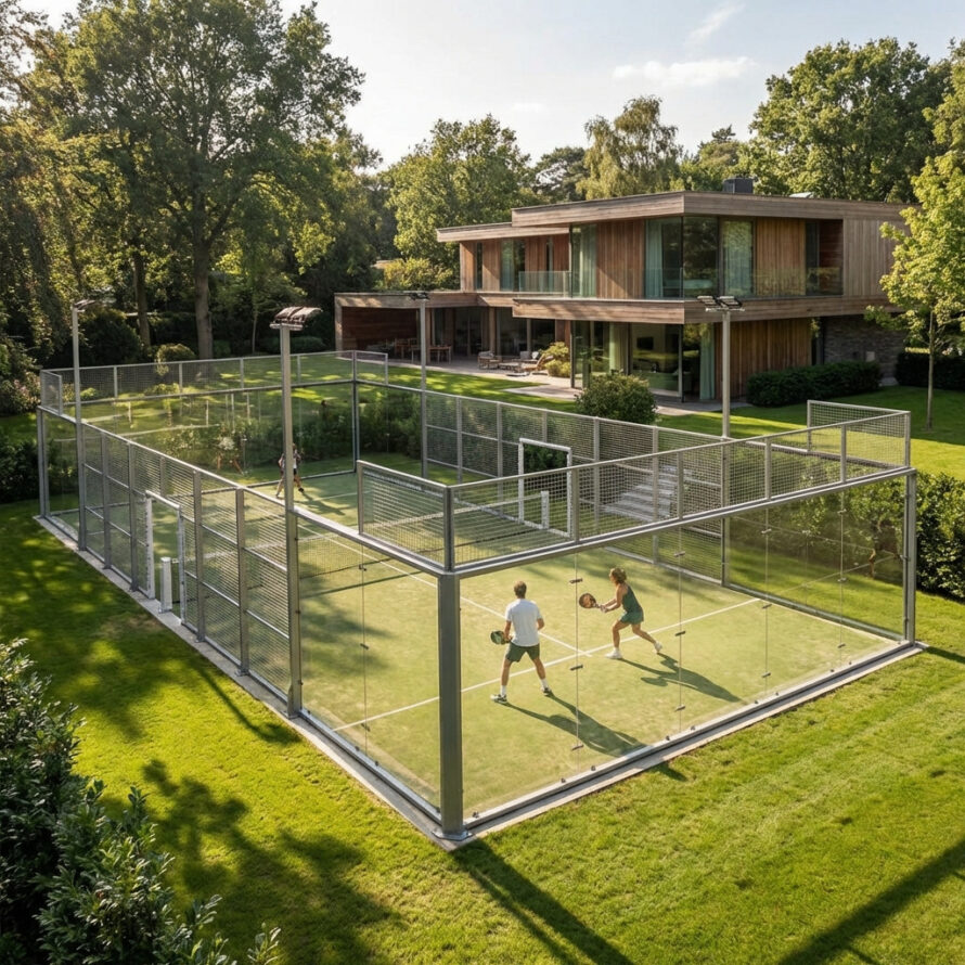 Luxe privé padelbaan in tuin met transparante polycarbonaat wanden en metalen hekwerk