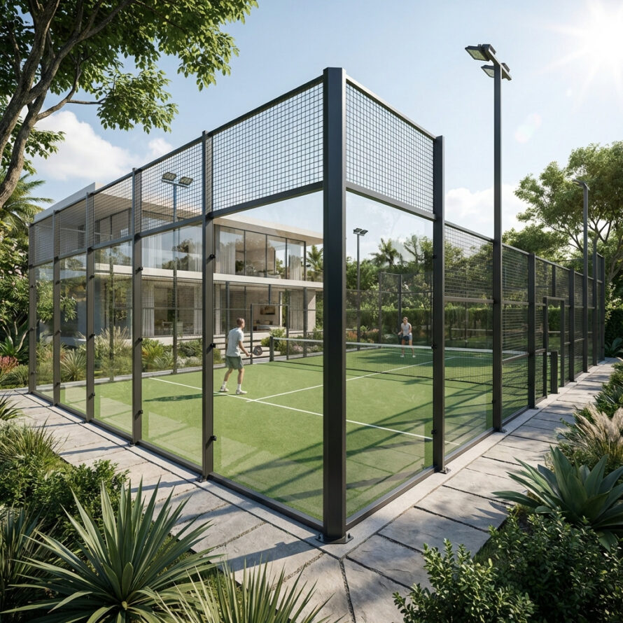 Transparante polycarbonaat padelbaan met stalen frame, geschikt voor indoor en outdoor gebruik