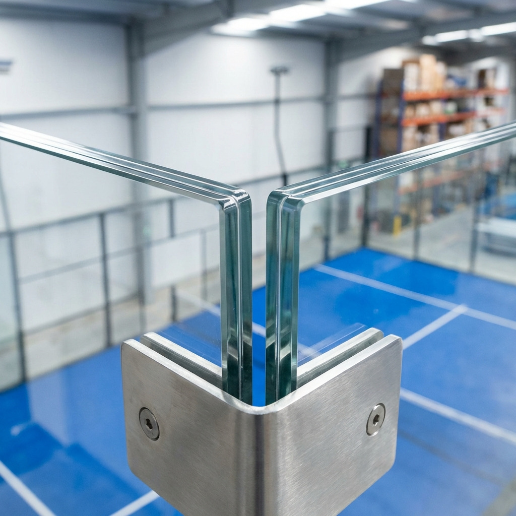 Indoor padelbaan met blauwe vloer en heldere polycarbonaat wanden in moderne sportaccommodatie