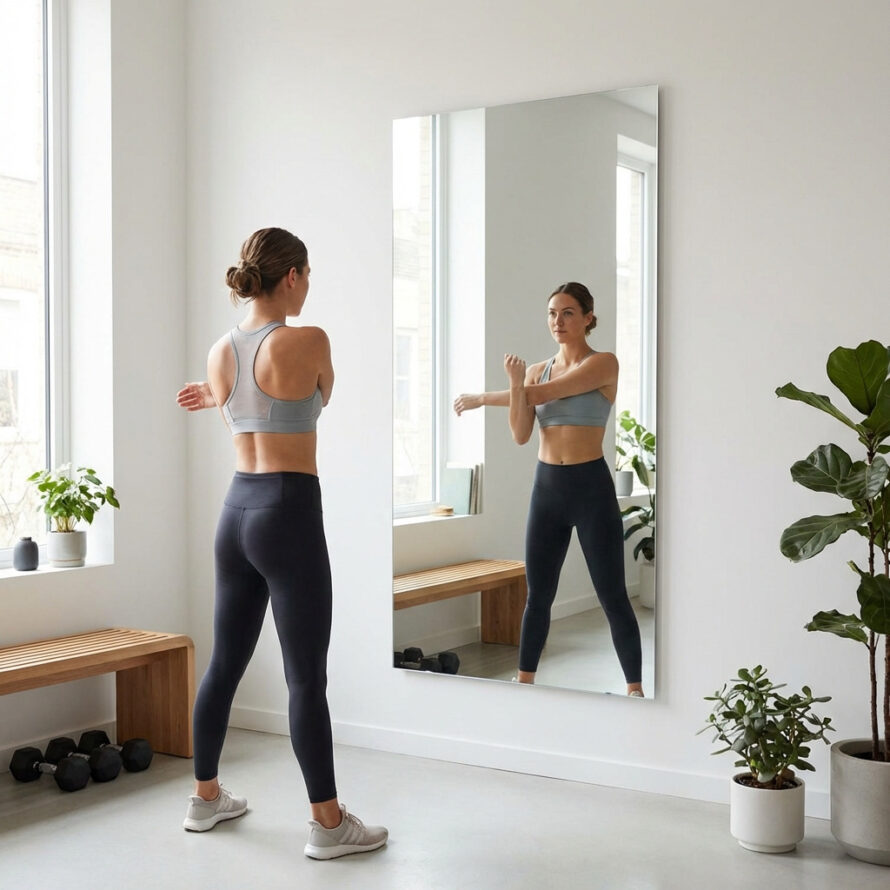 Yogaruimte met plexiglas spiegelwand.