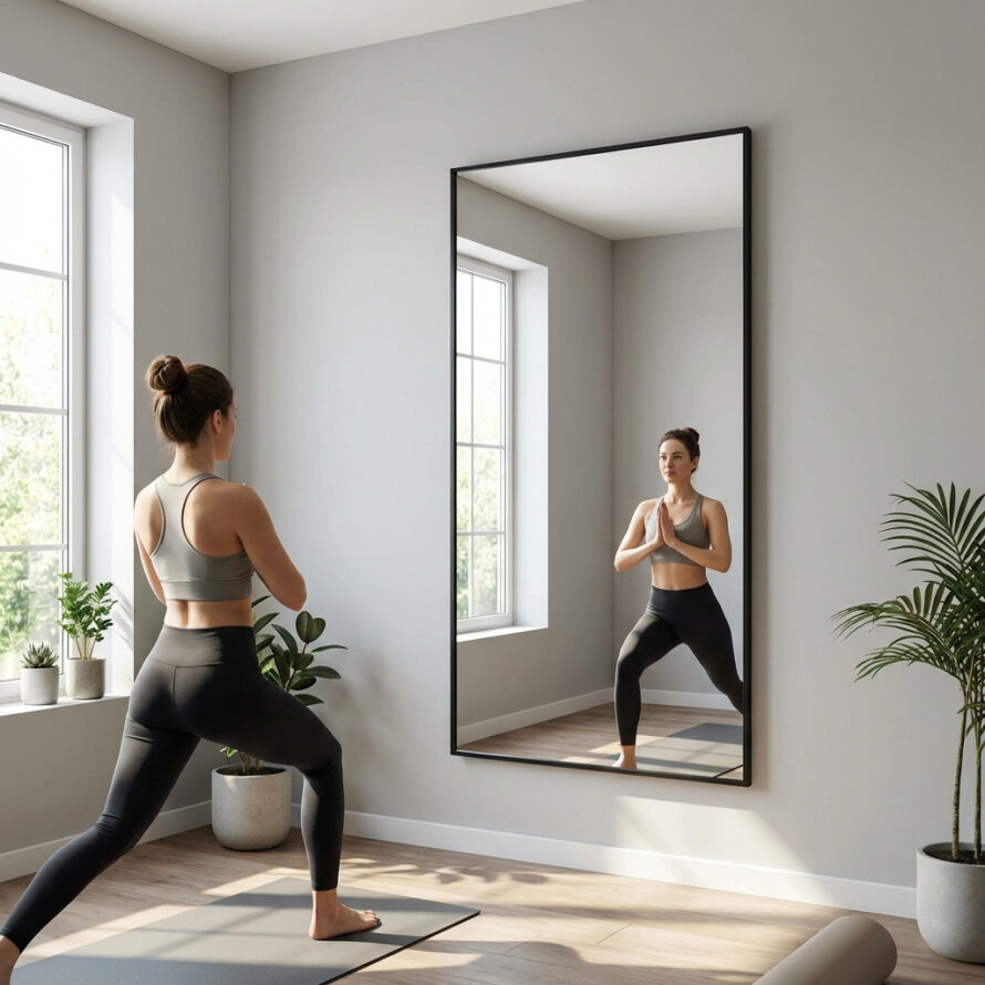 Fitnessstudio met plexiglas spiegels.