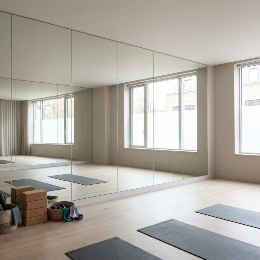 Trainingsruimte met plexiglas spiegel en yogamatten.