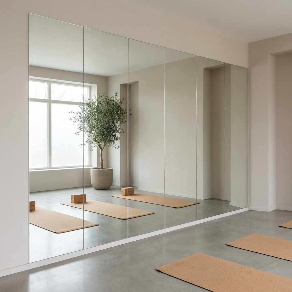 Sporters trainen voor plexiglas spiegel.