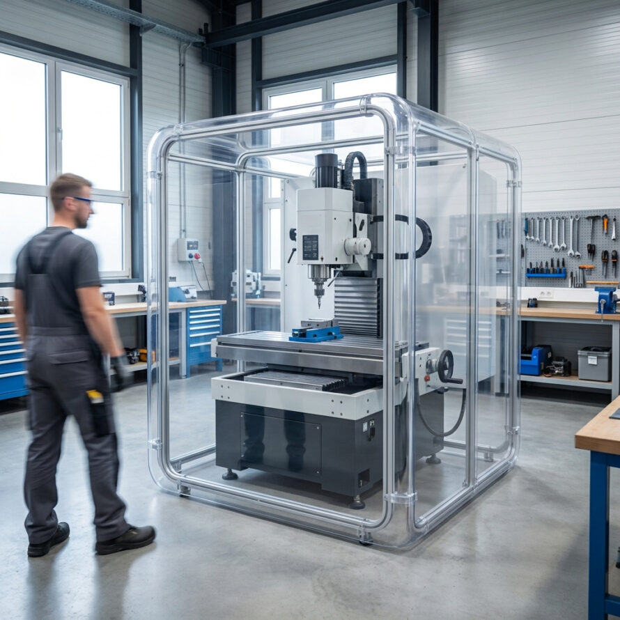 Grote industriële machine afgeschermd met polycarbonaat panelen.